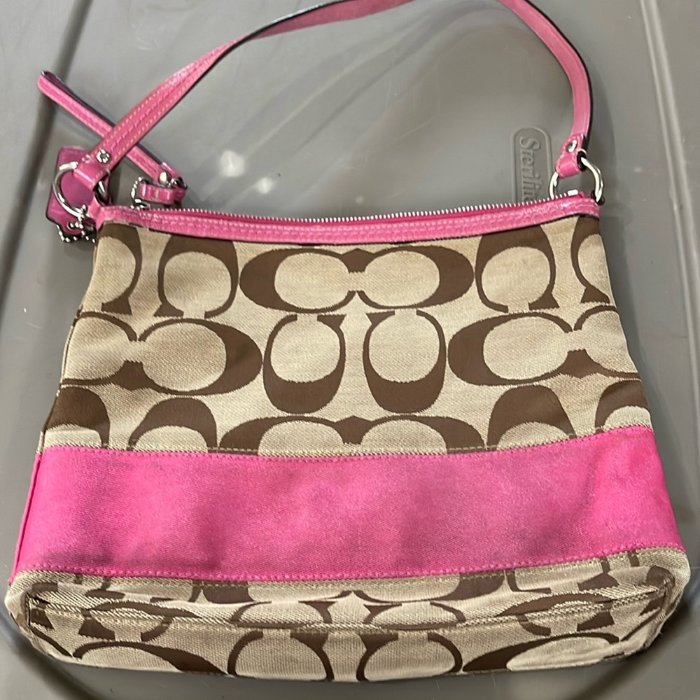 Classic Coach Brown Tan Pink Canvas Bag Purse Satchel